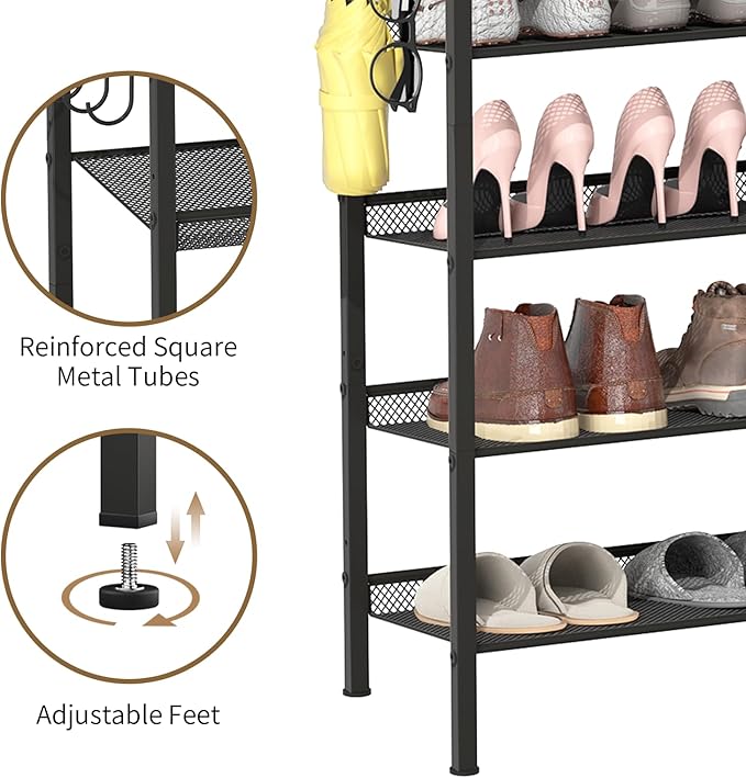 4 Tier Shoe Rack, Shoe Rack for Front Door Entrance with Hook, Steel Frame and Adjustable Mesh Shelves, Metal Shoe Organizer for Entryway, Bedroom, Closet