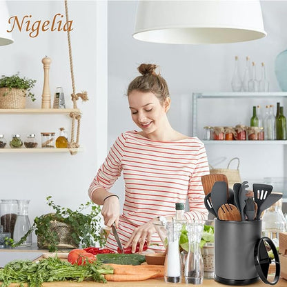 Nigelia Extra Large Kitchen Utensil Holder - 360° Rotating Stainless Steel Cooking Utensil Holder for Countertop, 3 Compartment Flatware Organizer & Utensil Caddy with Removable Base（Grey）