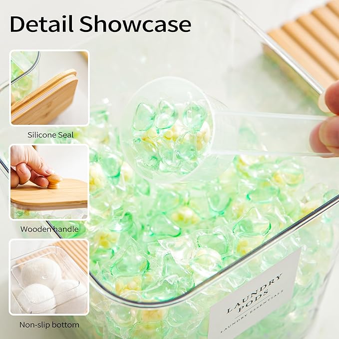 3+1 Pack Laundry Pods Container & Dryer Sheet Holder, Acrylic Square Laundry Room Organization and Storage Jars with Wooden Lids & Labels for Powder, Scent Booster, Detergent