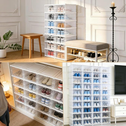 ZLLZUU Upgrade Clear Foldable Shoe Storage Organizer, No Assembly 6 Tiers Shoe Box with Fully Clear Door, Plastic Stackable Shoe Rack for Sneakers, Sturdy Shoe Storage Containers Bins