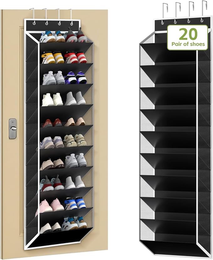 KEEPJOY 10 Tiers Mesh Over Door Shoe Organizer Storage, Hanging Shoe Holder for Door with Large Deep Pockets, Fit 20-30 Pairs Shoe Rack for Sneakers, Boots(Black)