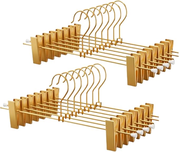 Gold Aluminum Pants Hangers,Hangers with 2-Adjustable Clip,Solid Skirt Hangers Space Saving Hanging Clothes Hangers Metal Rack for Trouser