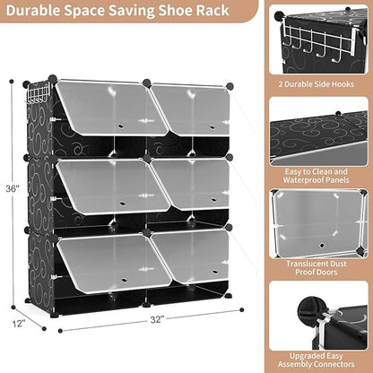 ROJASOP Portable Shoe Rack Organizer 6-Tier Shoe Cabinet 24-Pair Shoe Organizer Shoe Storage Expandable Free Standing Stackable Space Shoe Rack with 2 Exclusive Versatile Hooks for Bedroom Black