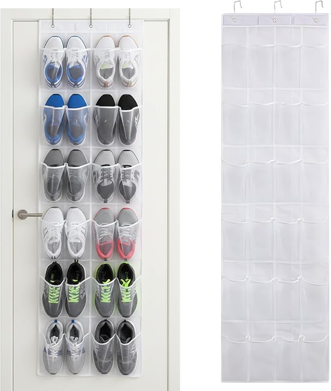 White Shoe Hanger for Door 24 Mesh Pocket Over the Door Shoe Organizer Space Saving Hanging Storage Holder with Hooks 64x19 Inch