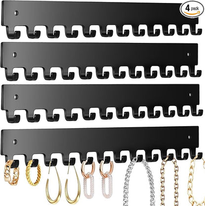 Acrylic Necklace Holder 4 Pack Wall Mounted Necklace Organizer Hanging Jewelry Organizer with 12 Hooks for Necklaces, Bracelets, Rings and Bangles Display Black