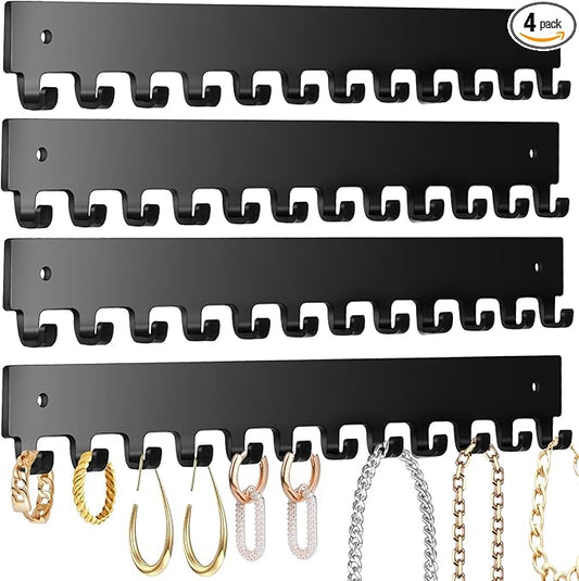 Acrylic Necklace Holder 4 Pack Wall Mounted Necklace Organizer Hanging Jewelry Organizer with 12 Hooks for Necklaces, Bracelets, Rings and Bangles Display Black