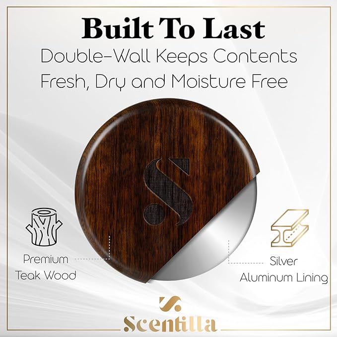 Luxury Real Teak Wood & Metal Pouch Container - Premium Pouch Can & Holder - EDC Storage Tin - Odor & Moisture Proof - with Beautiful Gift Box & Velvet Bag