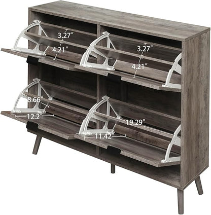 ZeHuoGe Rattan Shoe Cabinet with 4 Flip Drawers, Narrow Hidden Shoe Rack Rattan Storage Cabinet for Entryway, Large Shoe Organizer, Entrance Hallway (Dark Rustic Oak)