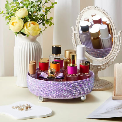 Honeydak Purple Bling Perfume Makeup Organizer Bling Mother's Day Nurse Day Gifts for Women Bathroom Organizers and Storage 360 Rotating Makeup Organizer for Countertop(Resin Stone)