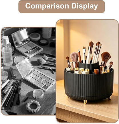 360°Rotating Makeup Brush Holder Organizer, Black Countertop Cosmetic Display Case, Spinning Skincare Storage Carousel for Vanity, Desktop & Bathroom