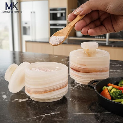 Marble Salt Cellar 3" Inch White & Onyx Salt Holders with Lid for Spice Jar, Stone Salt Containers, Modern Sugar and Candies Bowls, Perfect Mother’s Day Gift, Kitchen Storage, Decorative Salt Box