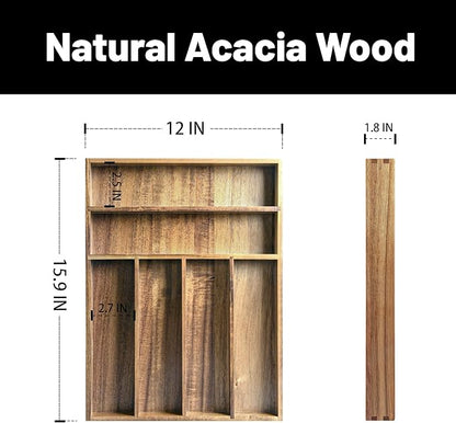 KITEISCAT Acacia Wood Silverware Organizer, Kitchen Utensil Drawer Organizer for Forks, Knives & Spoons, 6-Compartment Cutlery Tray, Flatware Holder