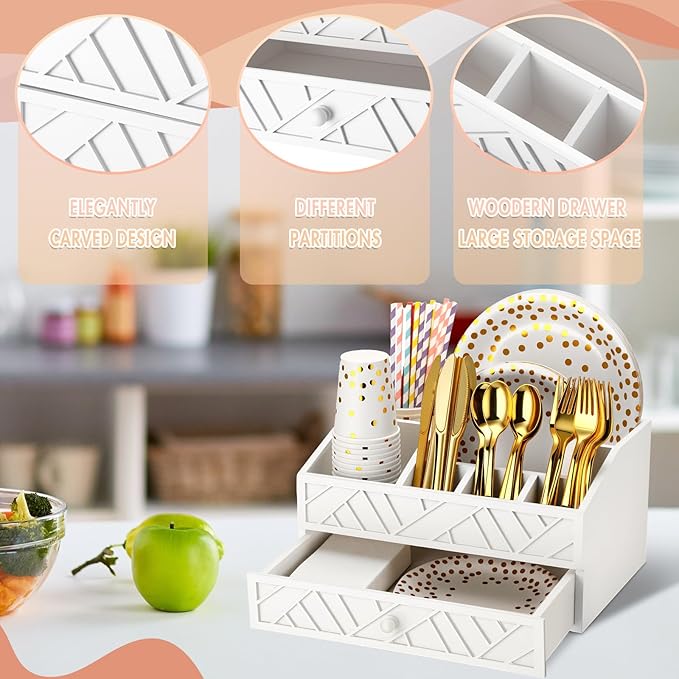 Marsui Paper Plate Dispenser, Wood Rustic Paper Plate Holder for Countertop with Drawer Silverware Utensil Caddy, Cutlery Flatware Organizer for Spoon Fork Napkins Kitchen Parties(White)