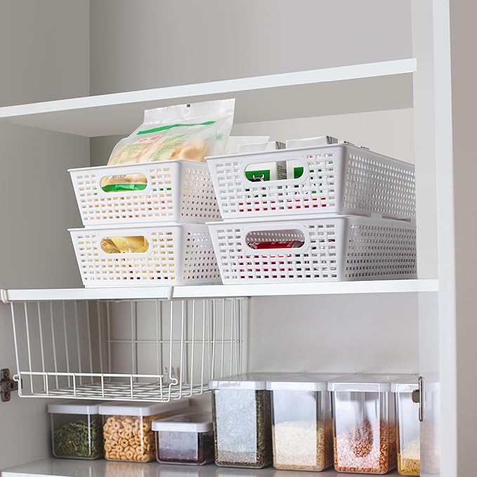 Tiawudi Stackable Woven Plastic Basket, Storage Bins for Cabinet, Closet, Shelf, Under Sink and Countertop, Pantry Organizer Bins, 6 Pack