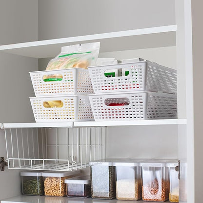Tiawudi Stackable Woven Plastic Basket, Storage Bins for Cabinet, Closet, Shelf, Under Sink and Countertop, Pantry Organizer Bins, 6 Pack