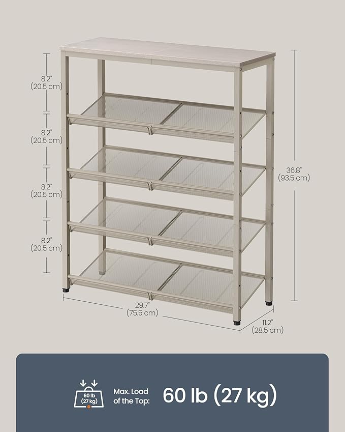 SONGMICS HOME 5 Tier Shoe Storage Organizer, Freestanding Shoe Rack, Dense Mesh, for Living Room, Bedroom, Entryway, Beige