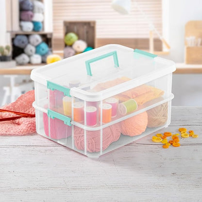 Sterilite 4-Pack Stack & Carry, 2 Layer Handle Box for Home & Office Storage - Clear Base & Lid with Color Latches, Organizer for Art & Craft Supplies, Sewing Tools or 8.5" x 11" Paper