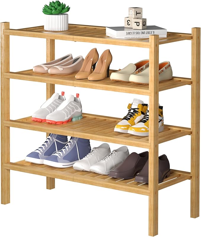 ROMGUAR CRAFT 4 Tier (Thick) Bamboo Shoe Rack for Closet Free Standing Wood Shoe Shelf for Entryway Small Space Stackable 27"x12"x28" (Natural)