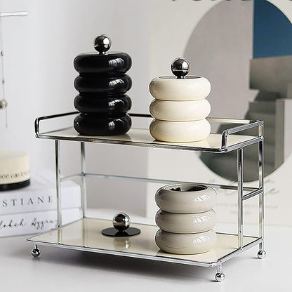 Tissting Qtip Holder Dispenser 7.8 x 10.5 cm Khaki Resin Doughnut Shape Cotton Swab Storage Container with Lid, Qtip Dispenser Jars for Bathroom Vanity