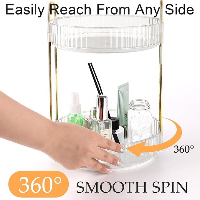 LNAUJS Dark Green 2-Tier Perfume Stand, 360° Rotating Plastic Vanity Organizer for Perfumes, Cosmetics & Skincare, Large Capacity Bathroom/Bedside Counter Storage Holder