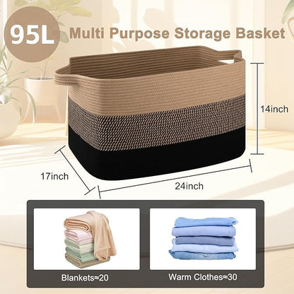 OIAHOMY Extra Large Blanket Basket, 95L Cotton Rope Woven Laundry Basket, Toy Bin for Baby Room, Container for Blanket Storage in Living Room, 24''×17''×14'', Brown & Black