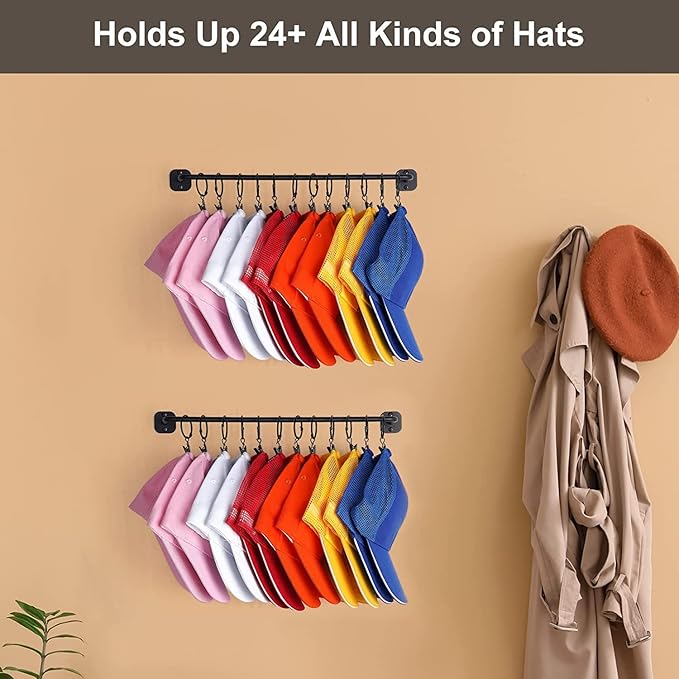 Hat Rack for Wall 24 Baseball Caps Modern Metal Hat Organizer with 24 Clips Hat Holder Wall-Mounted Storage Display for Closet Bedroom Entryway Laundry 2 Pack