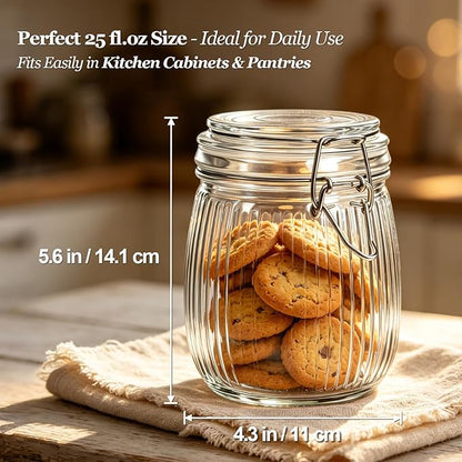 ComSaf 25oz Fluted Glass Mason Jars - Set of 6 Vintage Canisters with Airtight Lids for Sourdough Starter, Pickling, Coffee & Pantry Organization, Farmhouse Kitchen Decor