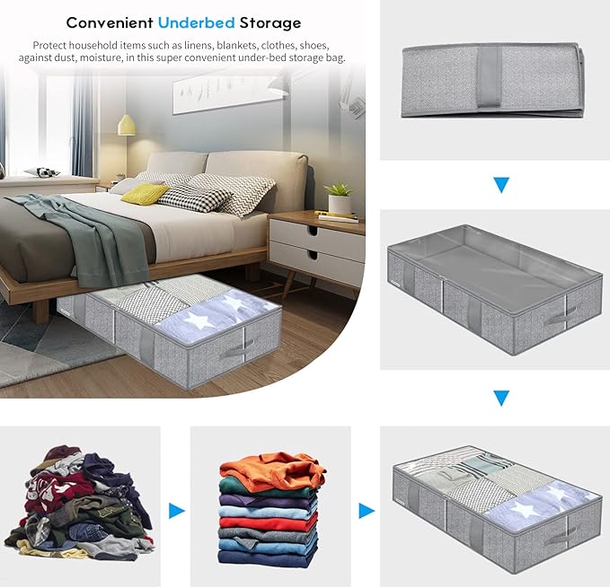 Onlyeasy Breathable Under Bed Storage Bags with 4 Reinforced Handles and Sturdy Side Wall, 2 Pack Eco-friendly Underbed Clothing Blankets Organizer with 2 Strong Zippers, Herringbone Grey, MXRUBBSS2P