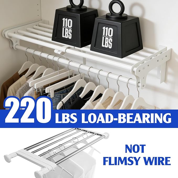 Closet Shelf with Hanging Rod, 52-95'' Expandable Wall Mounted & Side Wall Mounted Steel Clothes Rack with Top Shelf, Holds 220 lb Heavy Duty Closet Rod DIY Divider Separtor for Cabinet Wardrobe