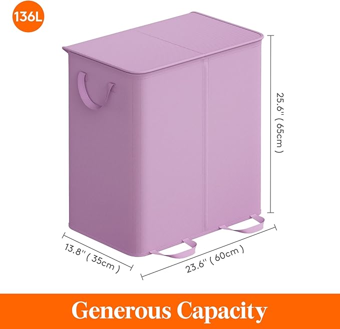 Lifewit Double Laundry Hamper with Lid and Removable Laundry Bags, Large Collapsible 2 Dividers Dirty Clothes Basket with Handles for Bedroom Laundry Room Closet Bathroom College, 136L Purple