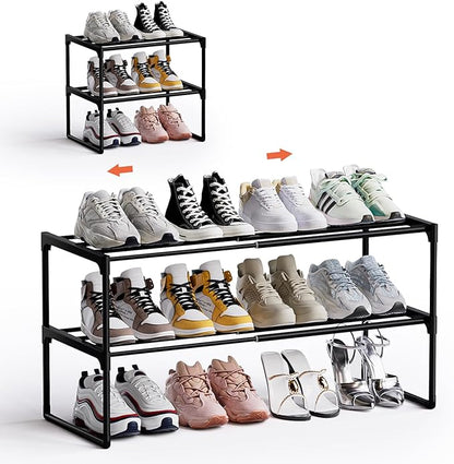 HAIXIN Expandable Shoe Rack - 2 Tier Adjustable Shoe Organizer Storage Shelf for Closet, Upright and Upside Down, Stackable Small Shoe Stand for Entryway, Living Room, Front Door