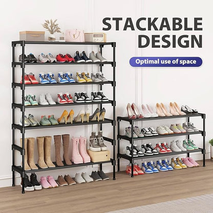 SAN HE Long Shoe Rack-Shoe Organizer 3 Tier Shoe Rack for Closet Front Door Entryway Garage, Stackable Free Standing and Freely Combinable Shoe Storage, Space Saving Small Shoe Shelves.