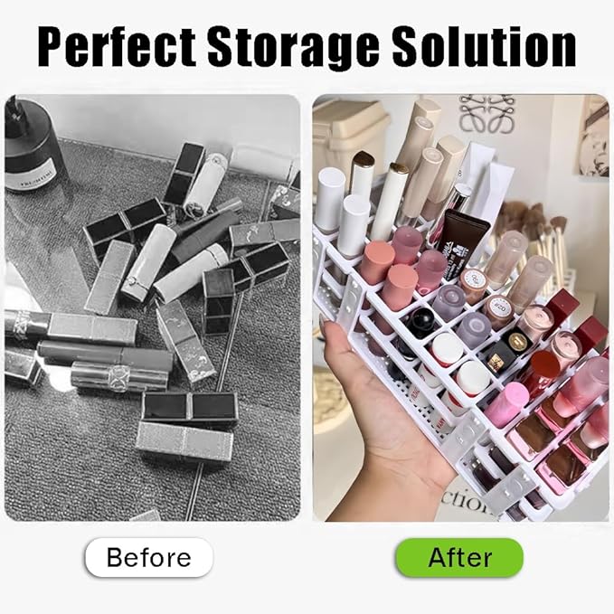 OULIGET Makeup Storage Organizer Rack,Lipstick Lipgloss Display Organizer,Detachable Makeup Brush Air Drying Rack,Perfect Storage Solution for Drawer and Vanity,0.9"+0.66" (24-hole + 60-hole)