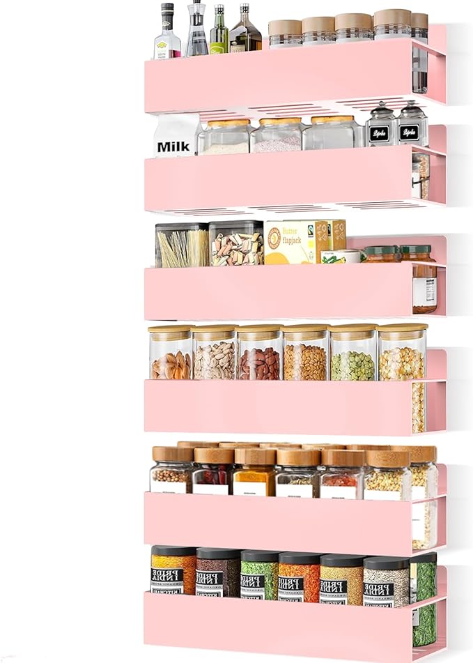 SMRCAD Magnetic Spice Rack for Refrigerator, 6pack Magnetic Shelf for Fridge Space Saving Seasoning Organizer for Kitchen storage Any Metal Surface No Drilling Needed(6pack-Pink)