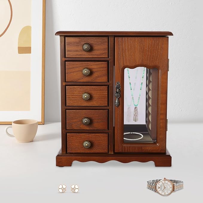 Wooden Jewelry Box, Jewelry Organizer with 5 Drawers, Large Storage Space Desktop Jewelry Storage Box with Anti-Slip Feet,for Organizing Necklaces, Bracelets, Earrings (Dark Wood Color)