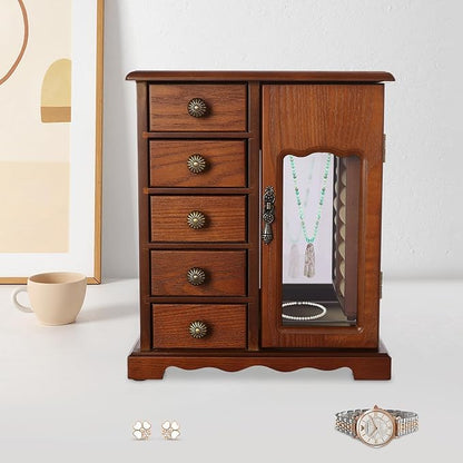 Wooden Jewelry Box, Jewelry Organizer with 5 Drawers, Large Storage Space Desktop Jewelry Storage Box with Anti-Slip Feet,for Organizing Necklaces, Bracelets, Earrings (Dark Wood Color)