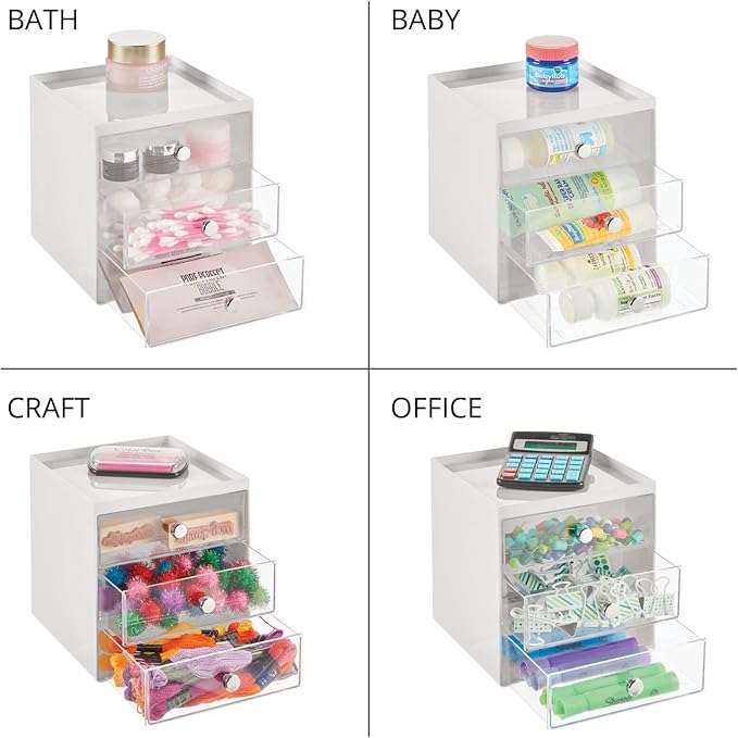 mDesign Plastic 3 Drawer Organizer for Makeup Storage - Large Stackable Makeup Organization and Storage Cube with Drawers for Bathroom, Vanity, Desk - Makeup Storage Drawers - Light Gray/Clear