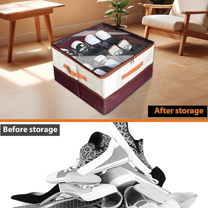 16-Grid Multifunctional Foldable Shoe Organizer, Collapsible Fabric Bin with Handles & Mesh Pockets, Space-Saving Stackable Closet Storage for Shoes, Socks & Accessories (16.9"x16.9"x12.2")
