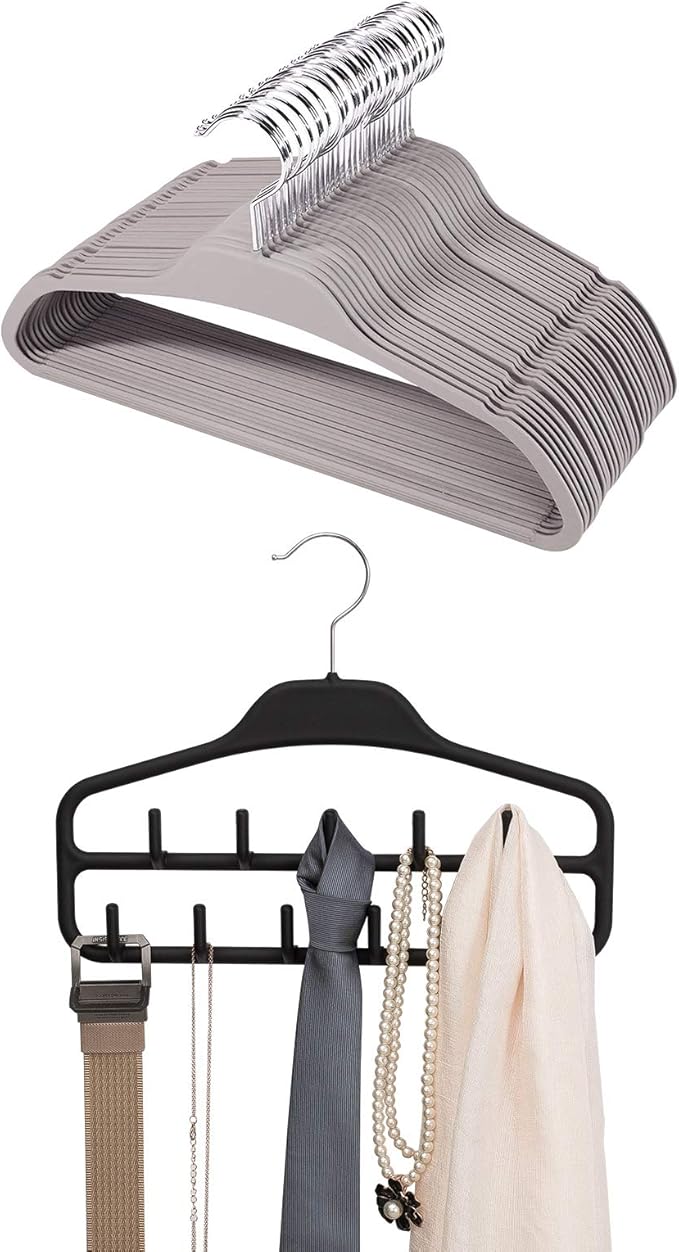Grey Plastic Rubberized Hangers 30 Pack and Belt Hanger Rack Holder for Closet