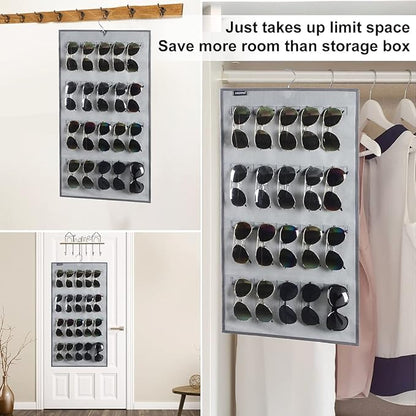 Dual Sided Hanging Sunglasses Organizer Wall Mounted Glasses Rack Storage Eyeglasses Holder Eyewear Display Case with 40 Slots (40 Slots-Grey)