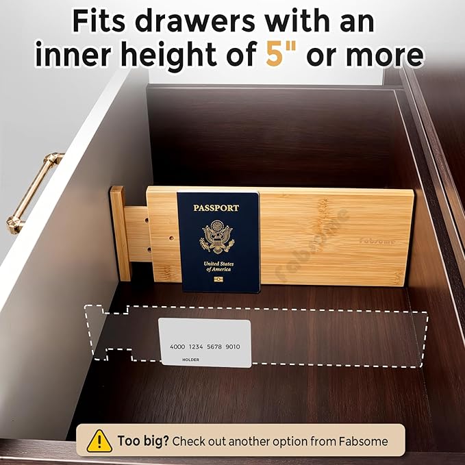 Fabsome Dresser Drawer Organizers 6 Pack, 4.65'' High Adjustable from 17-22‘’ Bamboo Drawer Dividers for Clothing Baby Clothes, Wooden Separators for Dresser Nursery Organization with Soft Foam Ends