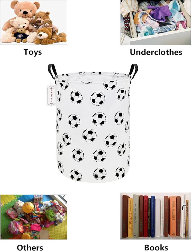 QUEENLALA Large Storage Basket,Laundry Hamper/Bathroom/Home Decor/Collapsible Round Storage Bin,Boys and Girls Hamper/Boxes/Clothing(Round-Football)