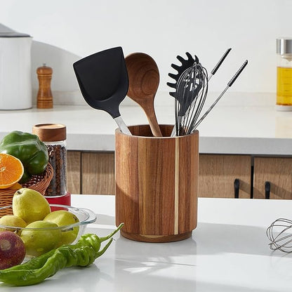 Acacia Wood Utensil Holder, 360° Rotating, Large Countertop Organizer, Farmhouse Kitchen Decor