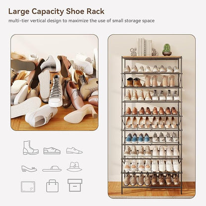IBUYKE 10 Tier Shoe Rack, Large Capacity Shoe Storage Organizer for 40 Pairs of Shoes, Metal Shoe Storage Rack with Shelf for Entryway Hallway Closet Garage, Rustic Brown and Black TXJ010H