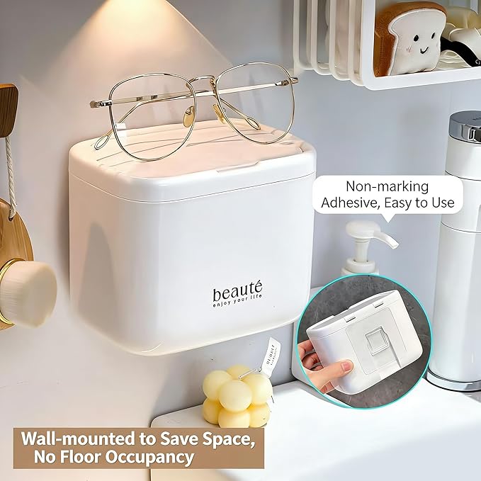 Pop-Up Q-Tip Holder & Cotton Pad Dispenser, Wall Mounted or Countertop Bathroom Organizer Box, Automatic Lifting Storage for Cotton Swabs, Hair Ties, Floss, Dustproof 4-Grid Vanity Container(White)