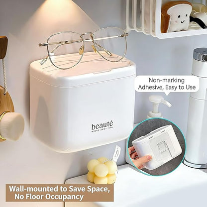 Pop-Up Q-Tip Holder & Cotton Pad Dispenser, Wall Mounted or Countertop Bathroom Organizer Box, Automatic Lifting Storage for Cotton Swabs, Hair Ties, Floss, Dustproof 4-Grid Vanity Container(White)