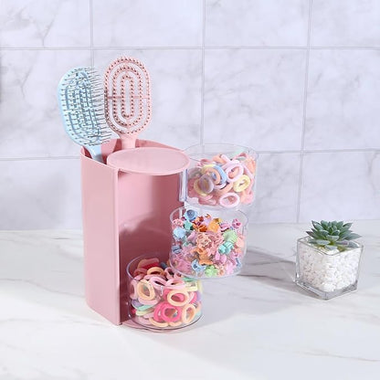 DASITON 3-Layer Makeup Brush Holder with Hair Accessories Organizer, Rotatable Desktop Organizer Case for Hair Clip, Makeup Sponge, Jewelry and Hair Accessories, Hair Brush Holder for Vanity (Pink)
