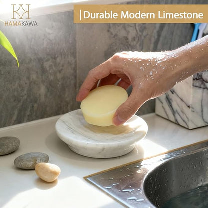 Natural Marble Soap Dish, Round White Jewelry Dish 4.5 Inch, Limestone Shower Soap Holder, Modern Stone Sponge Holder with Beveled Edge, Bar Soap Saver Tray for Bathroom, Kitchen