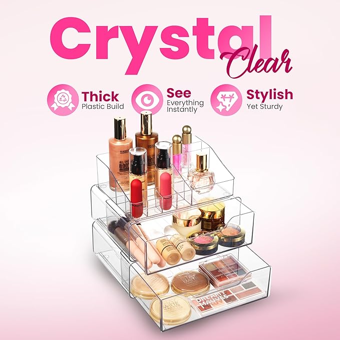 Masirs Clear Acrylic Makeup Organizer with Drawers – Cosmetic Vanity Storage for Skincare, Hair Accessories, Jewelry, Perfume – Durable Countertop Bathroom Organizer