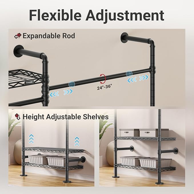 Timate F2 Industrial Pipe Clothes Rack Wall Mounted Clothing Rack for Hanging Clothes, Expandable Garment Racks Heavy Duty Wardrobe Closet Organizer and Storage, Black Adjustable Industrial Closet Kit